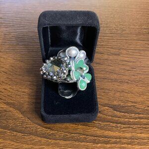 Seafoam green and Silver Beaded Floral Ring